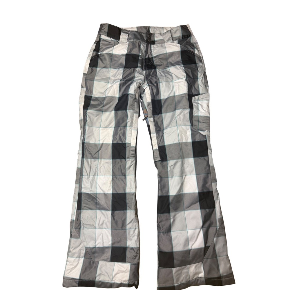 Oakley Snowboard Ski Pants Plaid Gray White Teal Pockets Buttons Womens Small‎